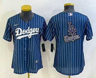 Womens Los Angeles Dodgers Big Logo Navy Blue Pinstripe Stitched MLB Cool Base Nike Jerseys